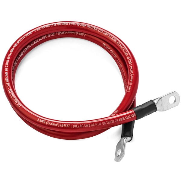 Single Red 3 ft 2/0 AWG Battery Cable with 3/8" Ring Terminals